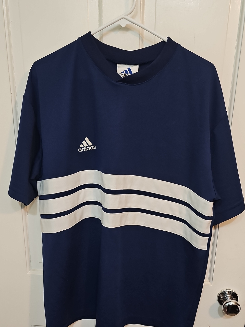 adidas Navy Blue Kids Tee with White Stripe Bands